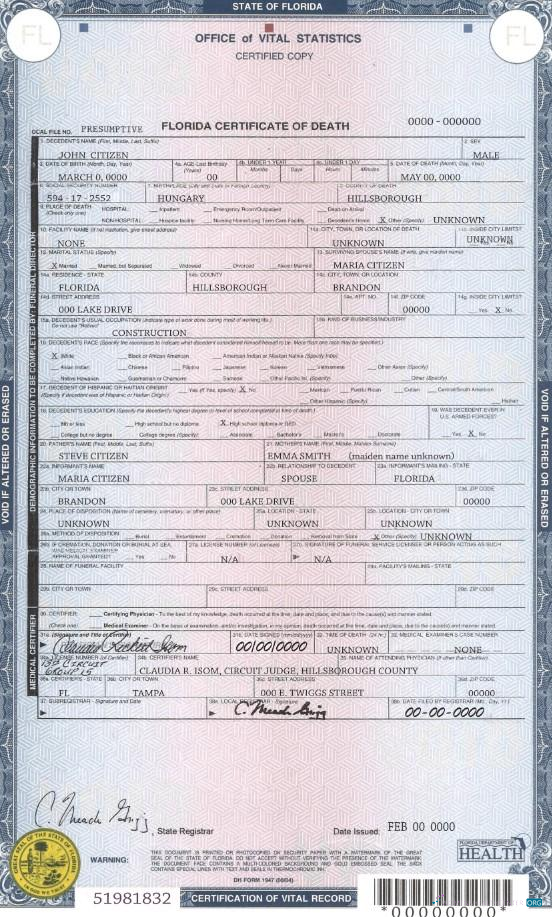 Download USA state Florida death certificate template in PSD format Photoshop template